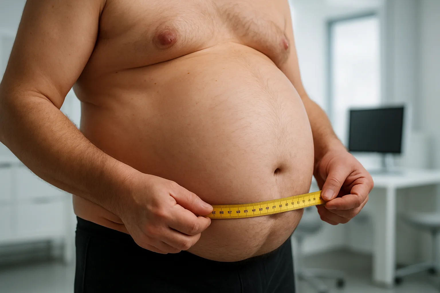 Close-up de abdômen masculino mostrando acúmulo proeminente de gordura visceral característica da barriga de cerveja, com fita métrica ao redor da cintura em contexto de avaliação clínica