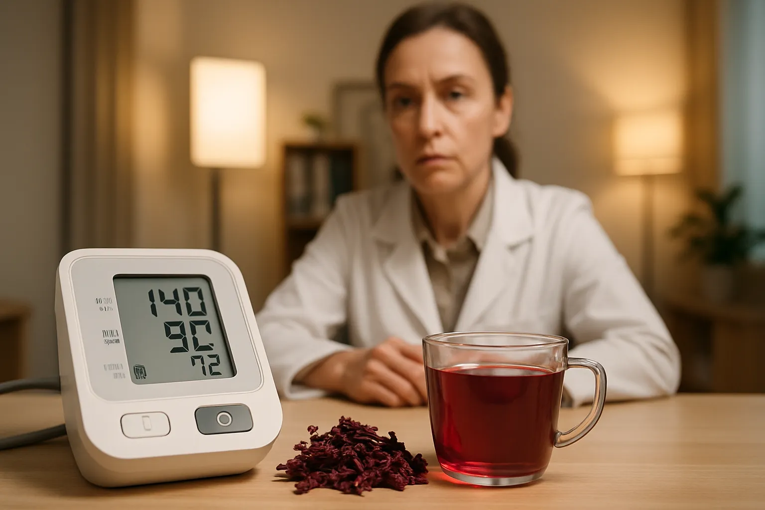 Monitor de pressão arterial ao lado de flores de hibisco secas e chá de hibisco em xícara transparente, representando o controle natural da hipertensão