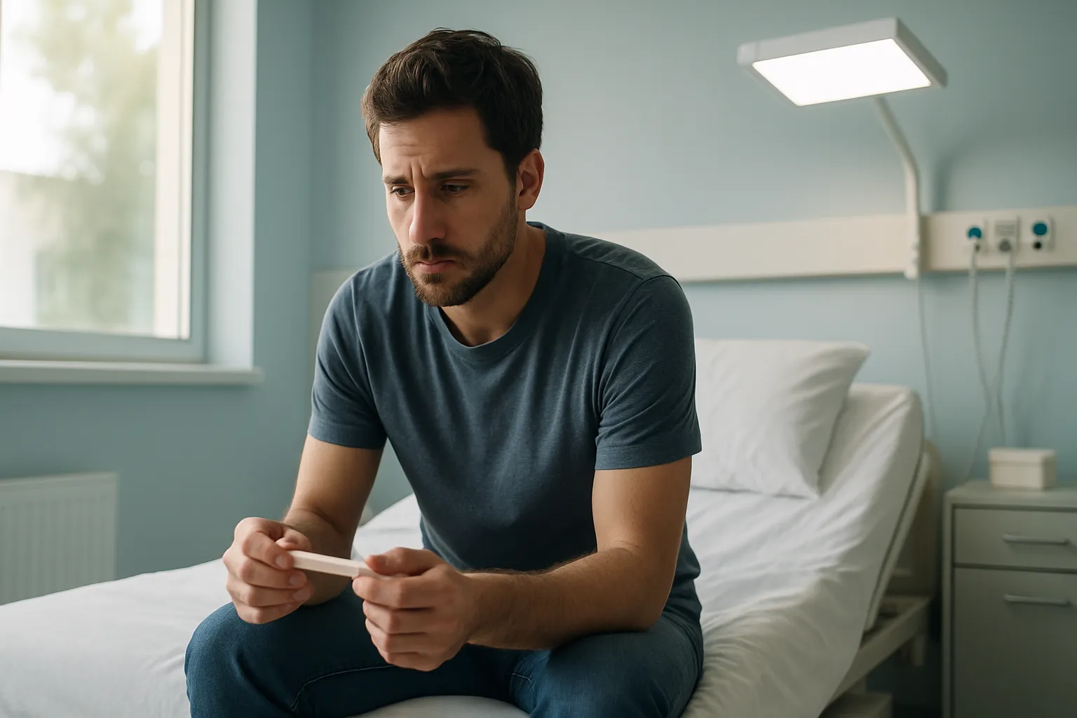 Homem jovem preocupado refletindo sobre fertilidade e paternidade futura durante tratamento hormonal com testosterona