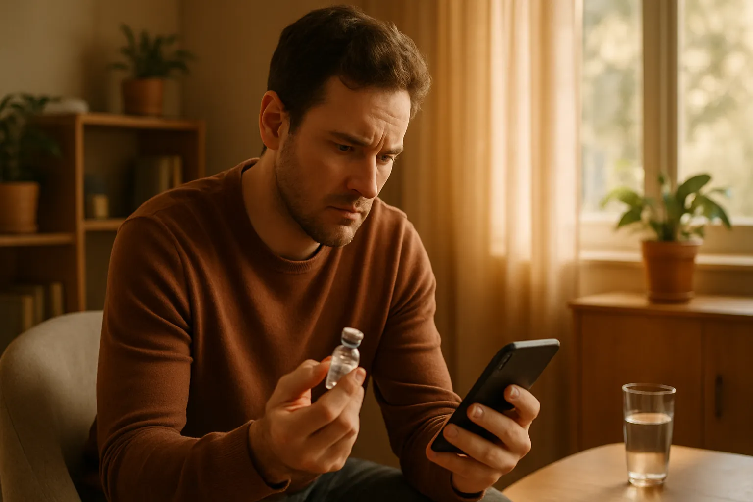 Homem preocupado analisando frasco de testosterona enquanto pesquisa sobre fertilidade, representando a decisão difícil entre TRT e preservação da capacidade reprodutiva