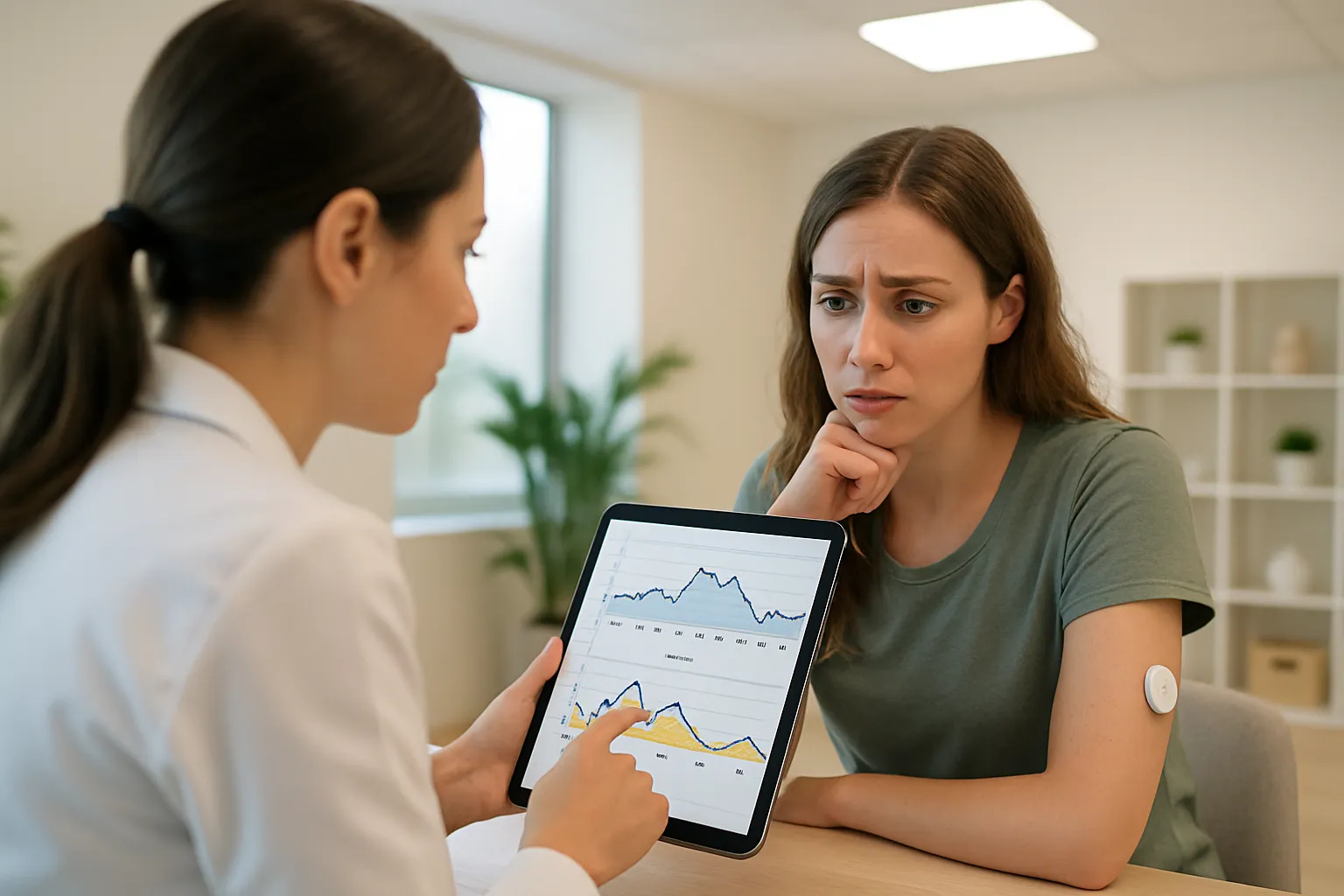 Nutricionista analisando dados de resposta insulínica de paciente em consulta sobre índice insulinêmico e hormônios