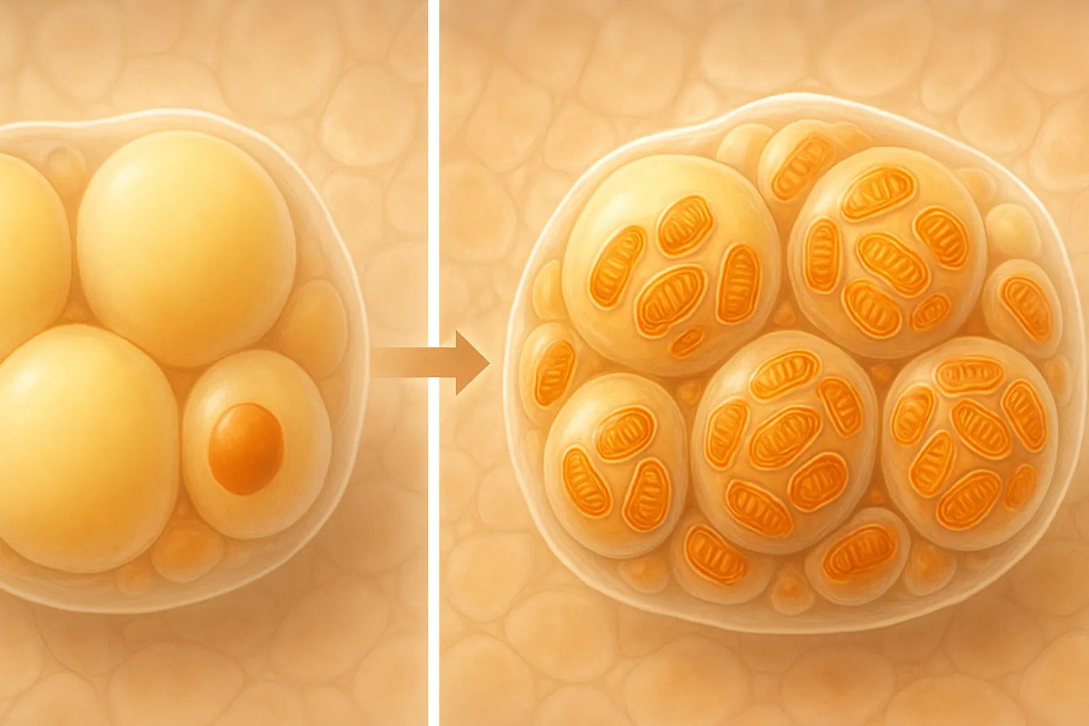 Processo de Browning do Tecido Adiposo Visualização científica do processo de browning mostrando transformação de células de gordura branca em gordura bege termogênica com aumento de mitocôndrias