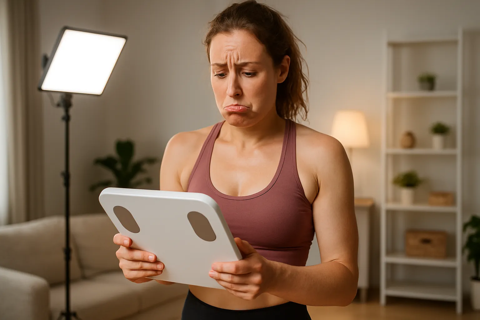 Mulher atlética frustrada verificando resultados na balança após treino, ilustrando dificuldade metabólica em queimar gordura apesar do exercício regular