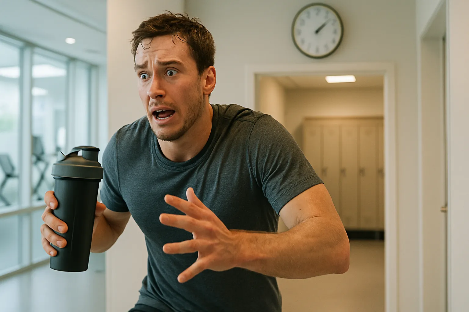 Atleta correndo desesperadamente após treino segurando shaker de proteína, mostrando a urgência comum associada ao mito da janela anabólica de 30 minutos