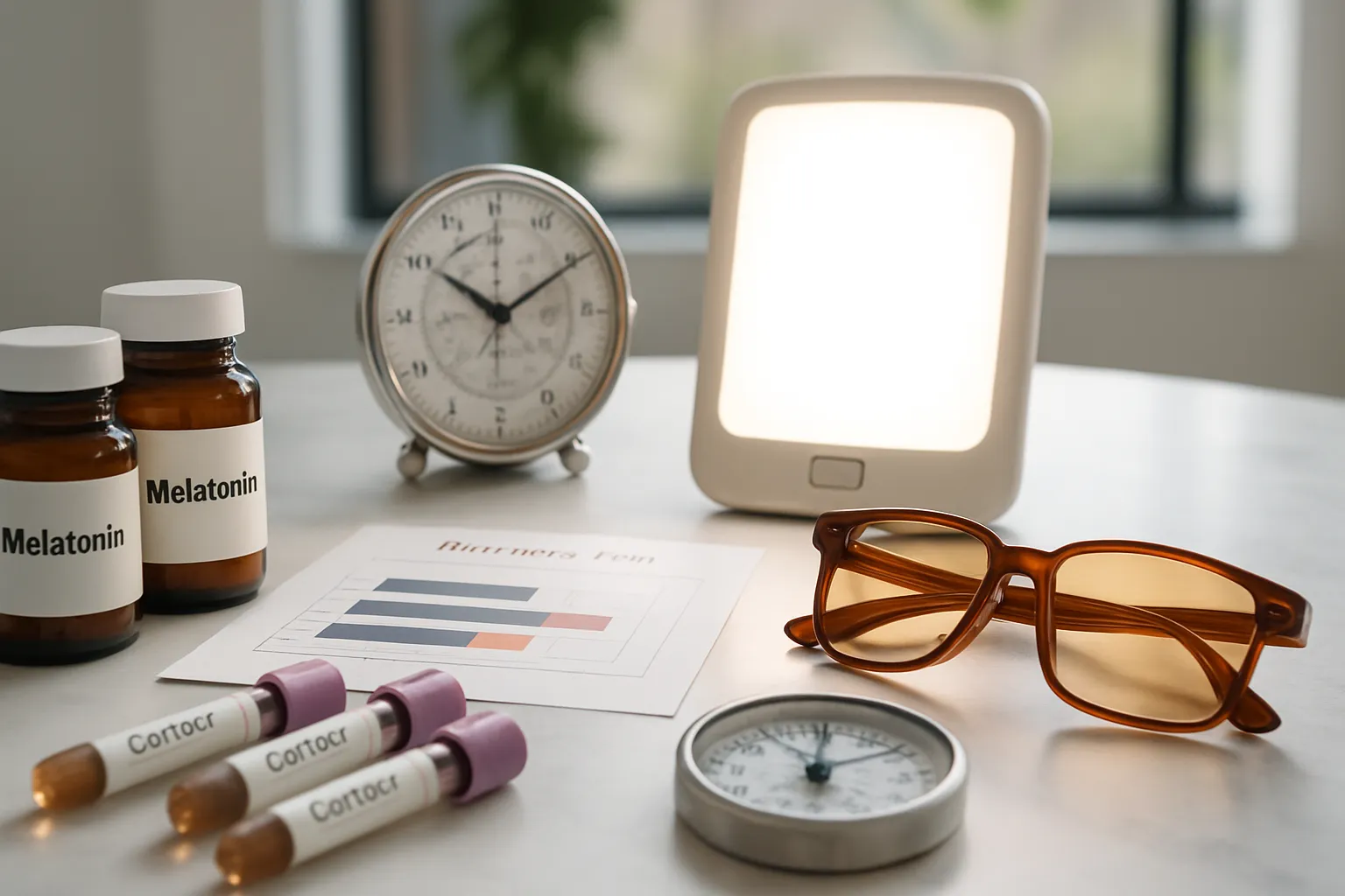 Ferramentas de gestão de ritmo circadiano para jet lag incluindo suplementos de melatonina, tubos de teste de cortisol salivar, óculos bloqueadores de luz azul e dispositivo de terapia de luz