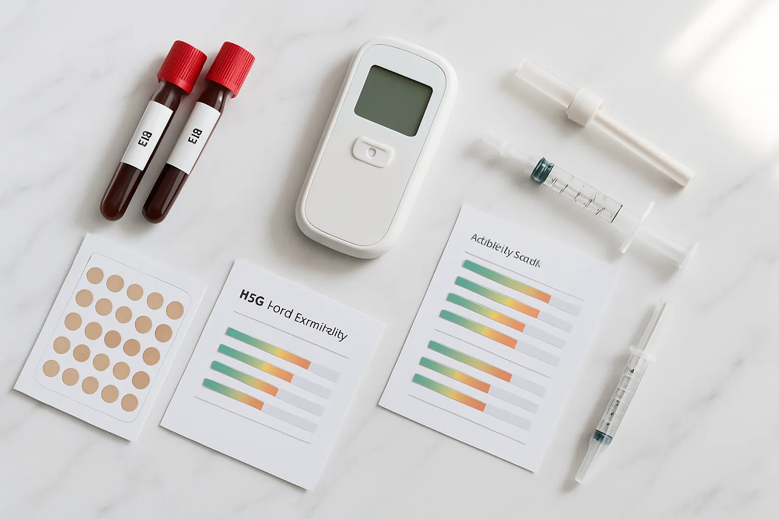 Kit completo de diagnóstico mostrando testes de alergia IgE, painel de sensibilidade alimentar IgG e dispositivos de medição de intolerância em ambiente clínico iluminado