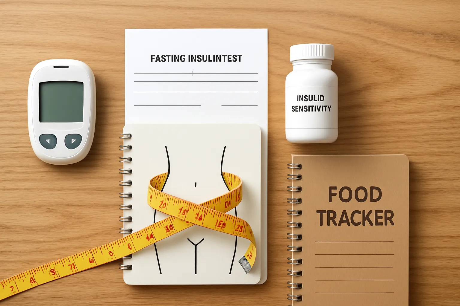 Composição organizada com glicosímetro, fita métrica, resultado de exame de insulina, suplementos para sensibilidade insulínica e caderno de controle alimentar sobre superfície de madeira