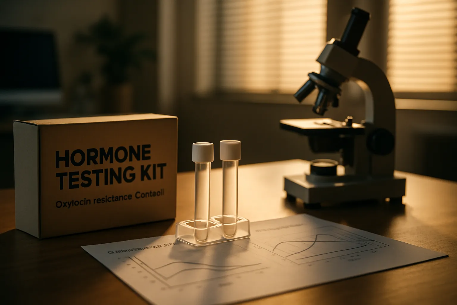 Kit de testes hormonais para avaliação de resistência à ocitocina e níveis de cortisol, com tubos de coleta e análise de biomarcadores de estresse