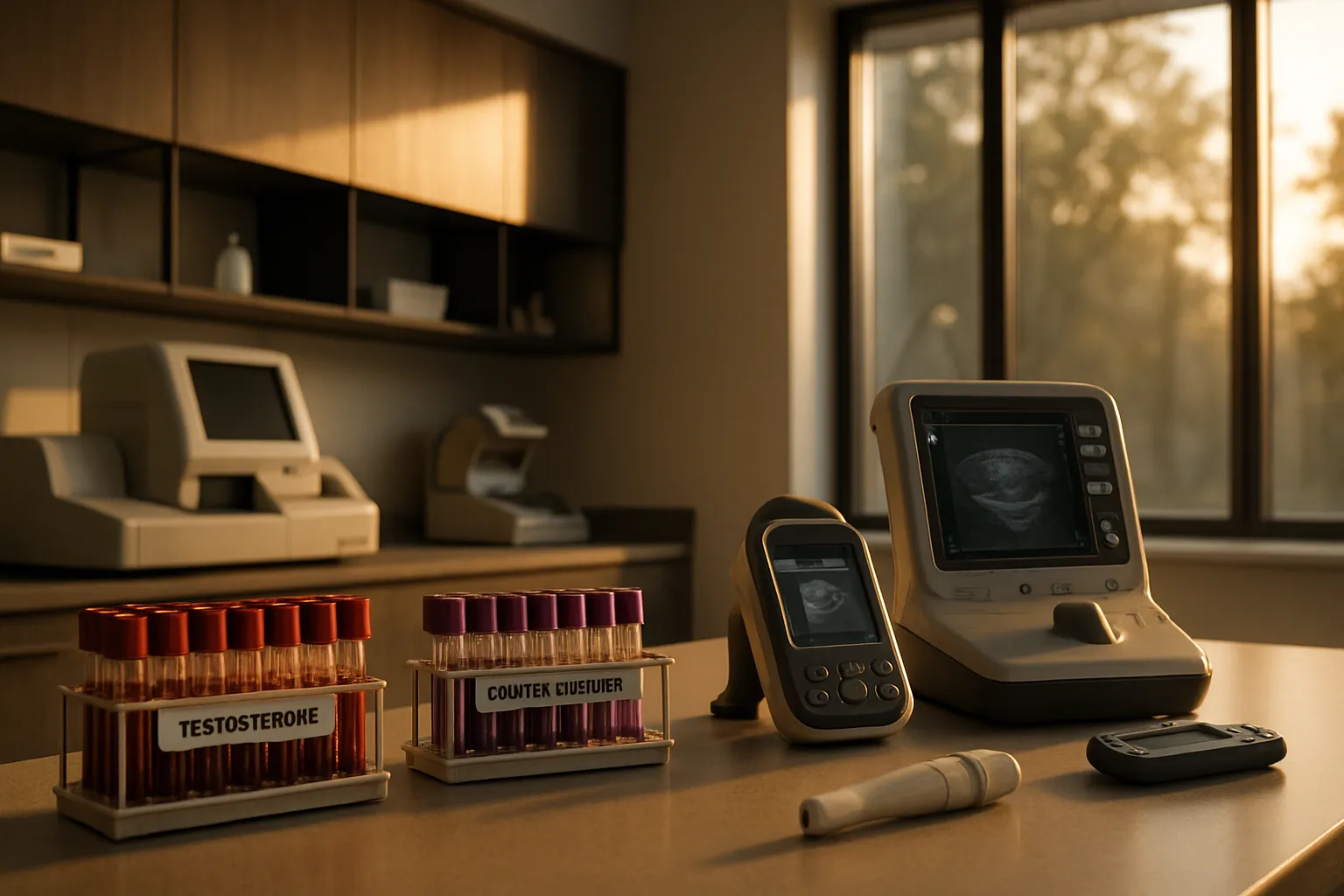 Laboratório especializado em análise hormonal e performance esportiva com equipamentos para avaliação de testosterona, cortisol e recuperação muscular