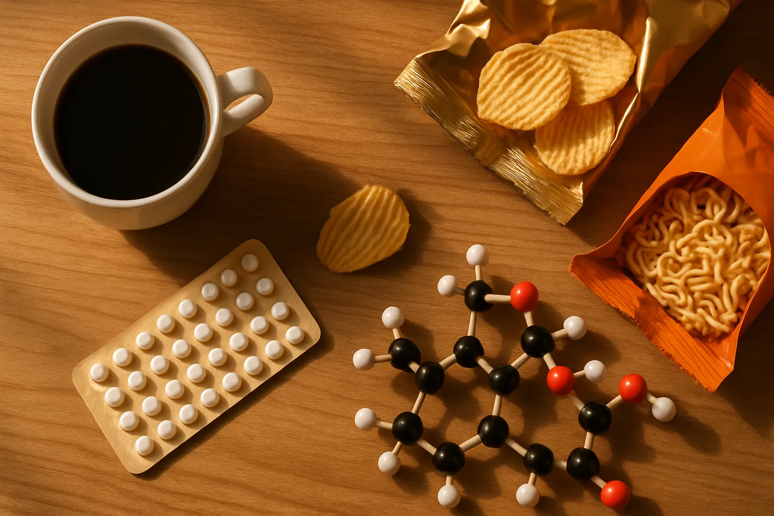 Composição plana mostrando fatores que causam deficiência de magnésio: cafeína, anticoncepcionais, alimentos processados e estresse crônico