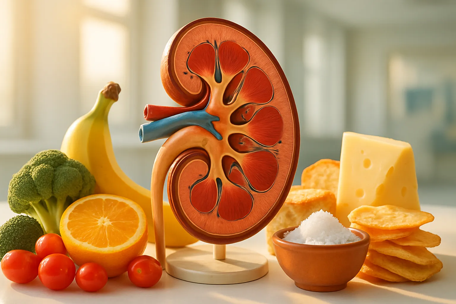 Modelo anatômico de rim demonstrando o mecanismo de regulação entre potássio e sódio, com alimentos ricos em cada mineral posicionados lateralmente