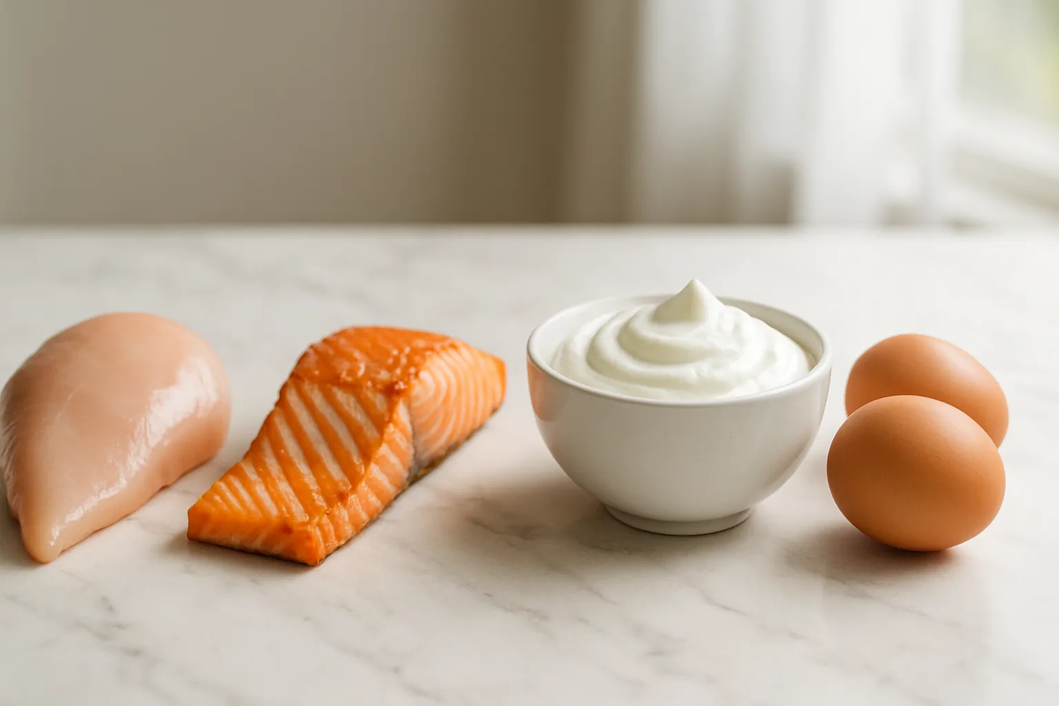 Sequência visual de alimentos ricos em proteína demonstrando o processo metabólico de digestão e efeito térmico no organismo