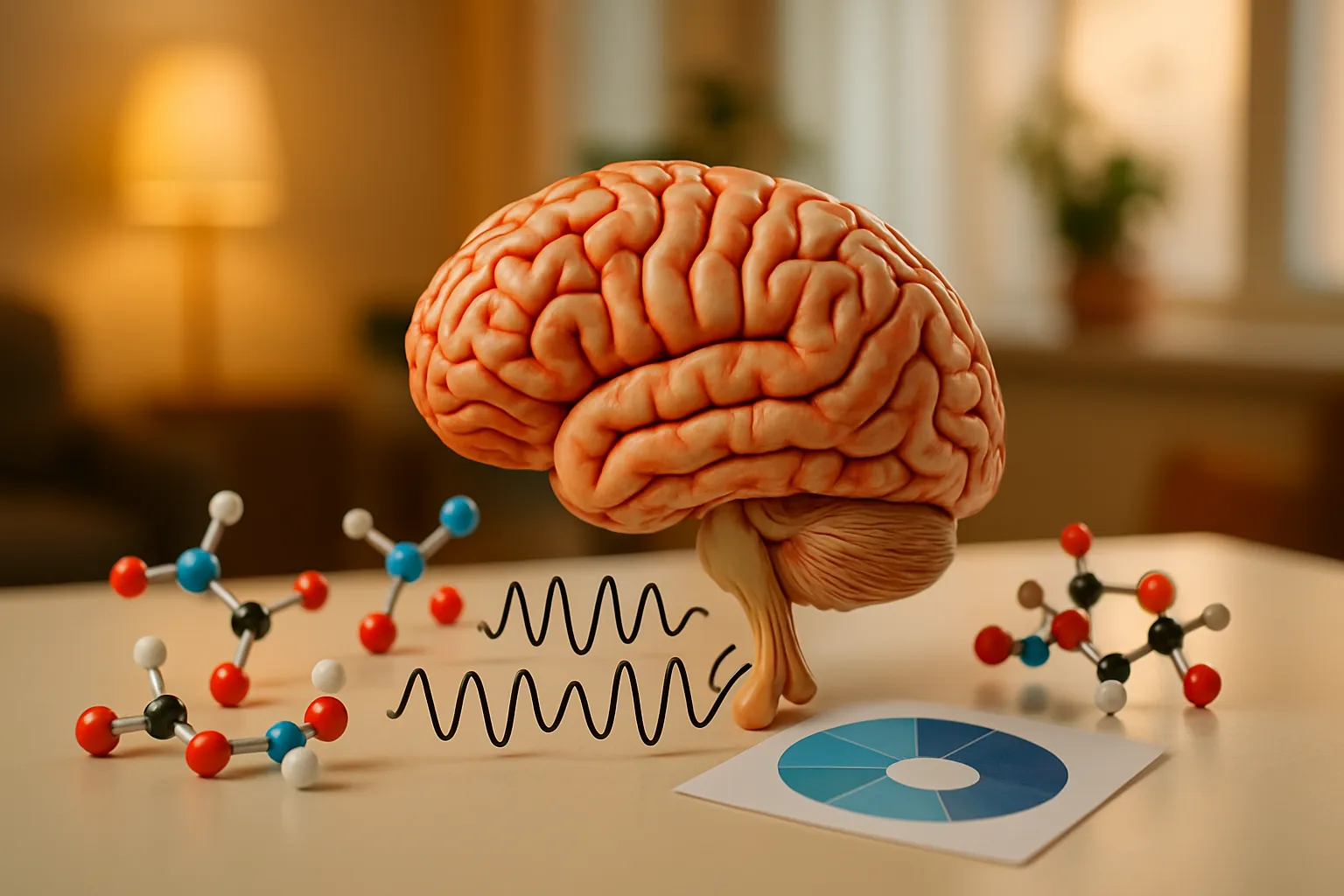 Modelo anatômico educativo mostrando localização da glândula pituitária na base do cérebro com representações de moléculas hormonais e padrões de ondas indicando liberação pulsátil de GH durante sono profundo
