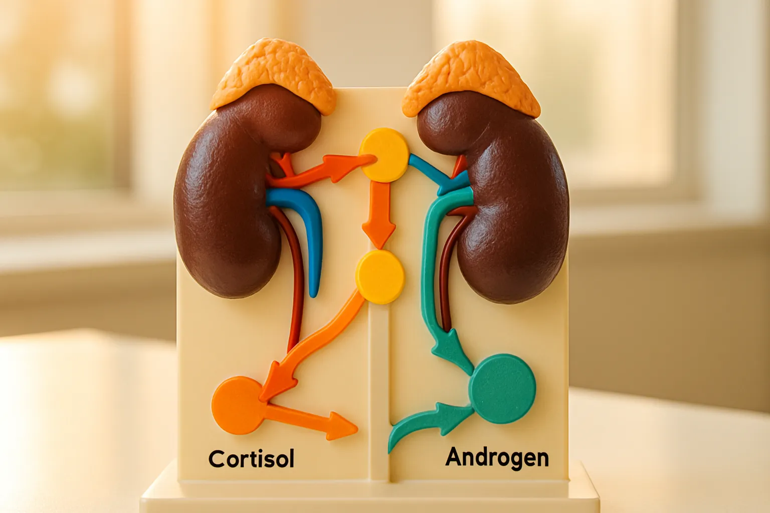 Modelo anatômico educativo das glândulas adrenais mostrando vias de produção hormonal e atividade da enzima 21-hidroxilase