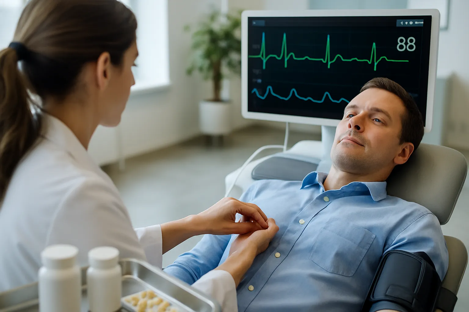 Profissional de saúde realizando avaliação de segurança cardíaca em paciente durante terapia combinada de hormônios tireoidianos T3 e T4