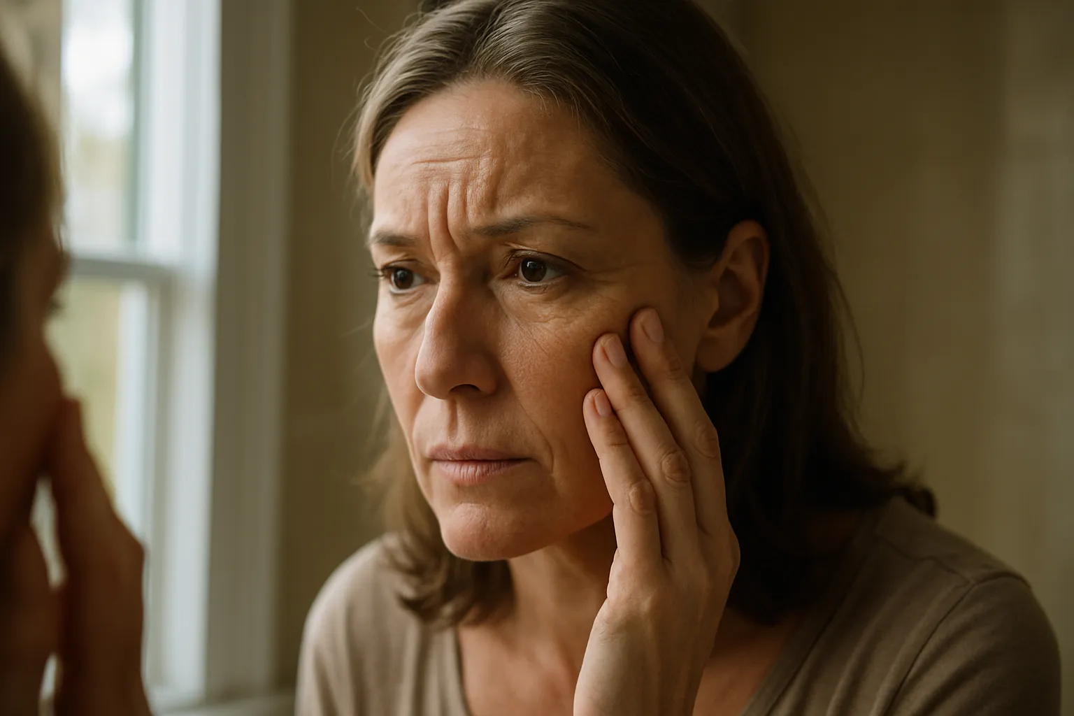 Mulher de 45 anos observando com preocupação as linhas de expressão profundas ao redor dos olhos no espelho, tocando delicadamente o rosto em ambiente com luz natural