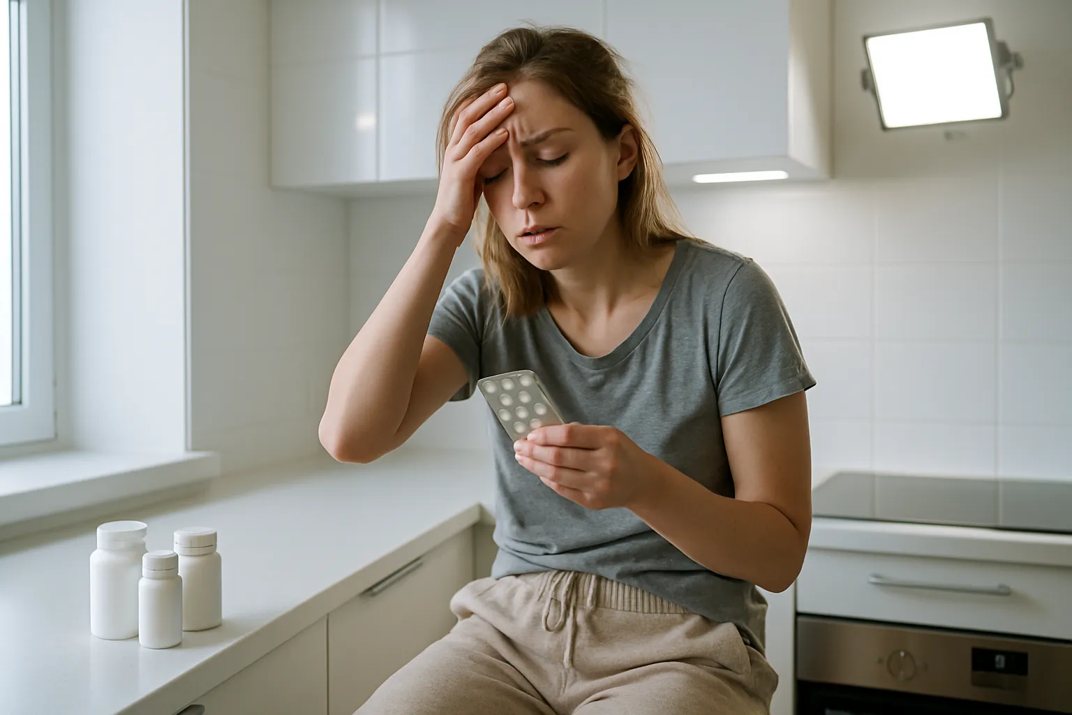 Mulher exausta segurando cartela de pílula anticoncepcional pela manhã, demonstrando fadiga crônica causada por depleção de nutrientes