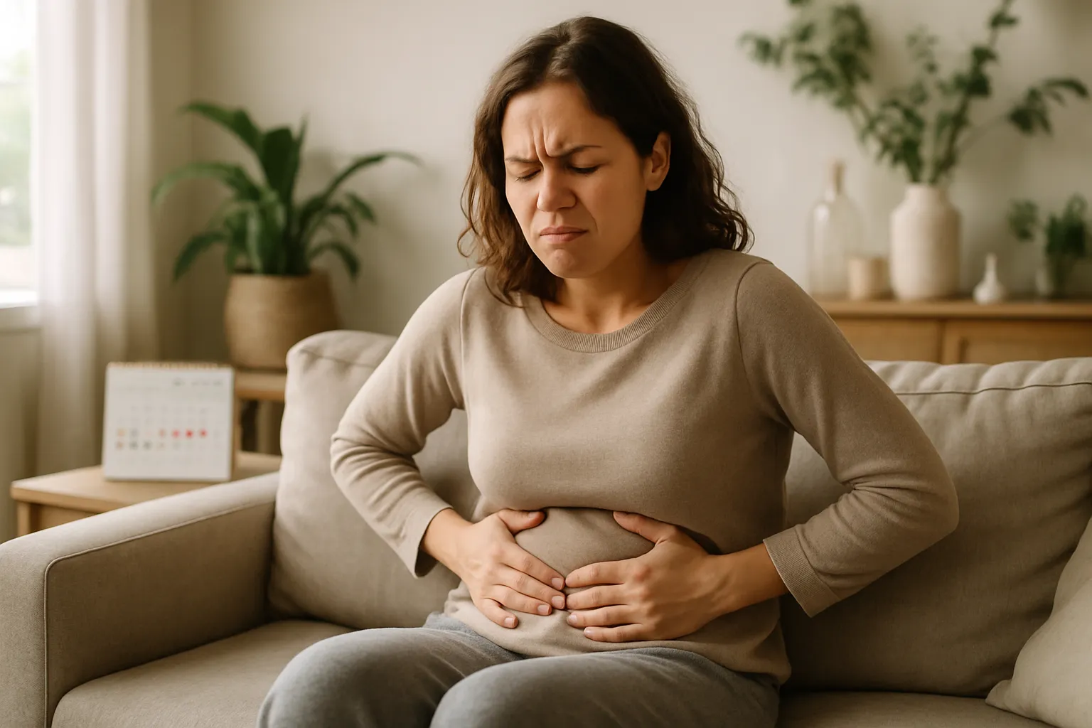 Mulher sentada no sofá segurando abdômen inchado demonstrando desconforto típico da síndrome pré-menstrual (SPM), com expressão de frustração em ambiente doméstico iluminado naturalmente