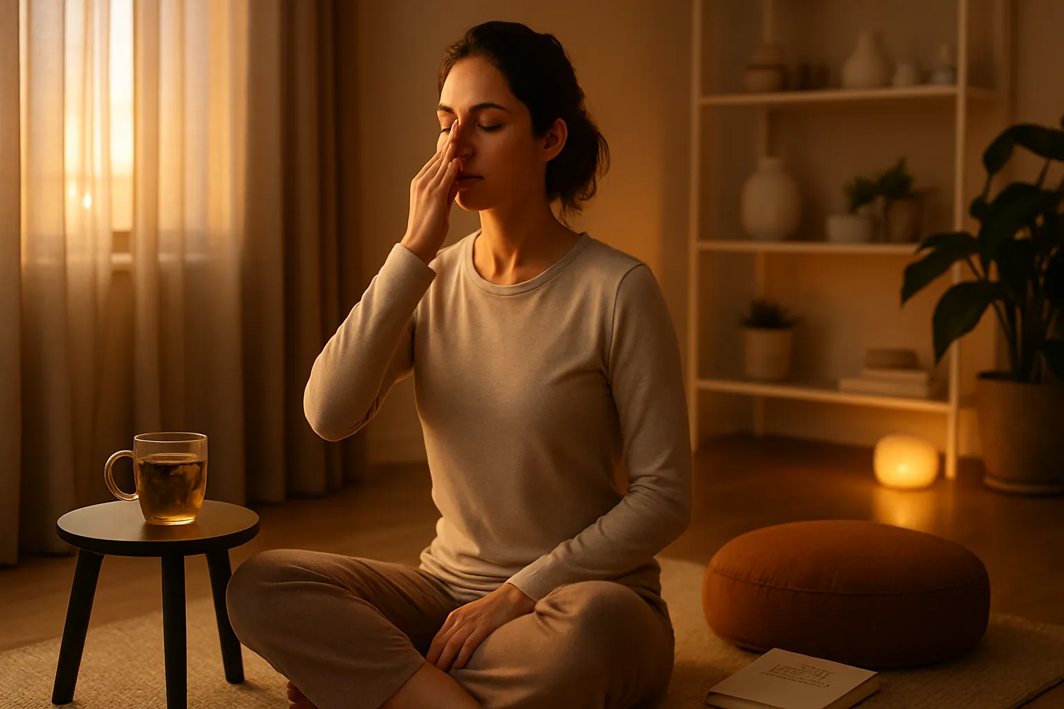 Mulher gerenciando estresse e compulsão alimentar Mulher praticando técnicas de gerenciamento de estresse para controlar cortisol e compulsão alimentar durante a menopausa