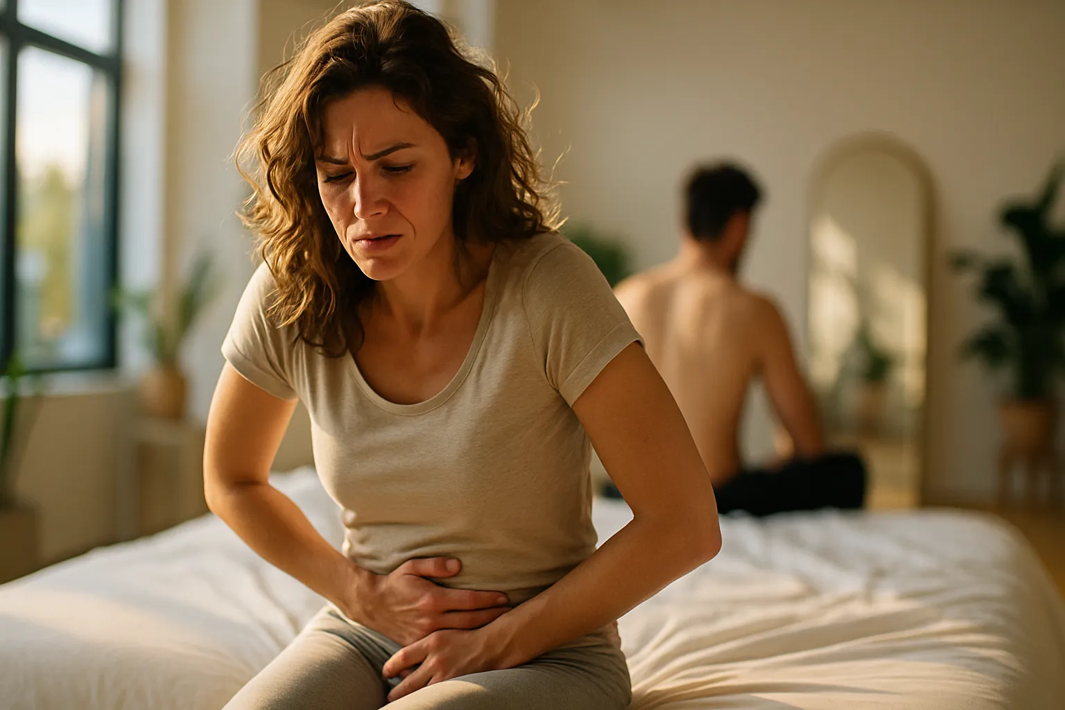 Mulher sentada na beira da cama demonstrando desconforto abdominal e evitando intimidade devido a dor sexual causada por desequilíbrio hormonal