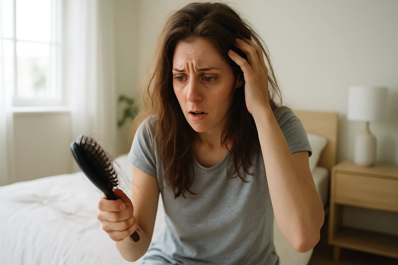 Mulher cansada observando com preocupação a quantidade excessiva de cabelo caindo em sua escova, ilustrando os sintomas de desequilíbrio de ferro
