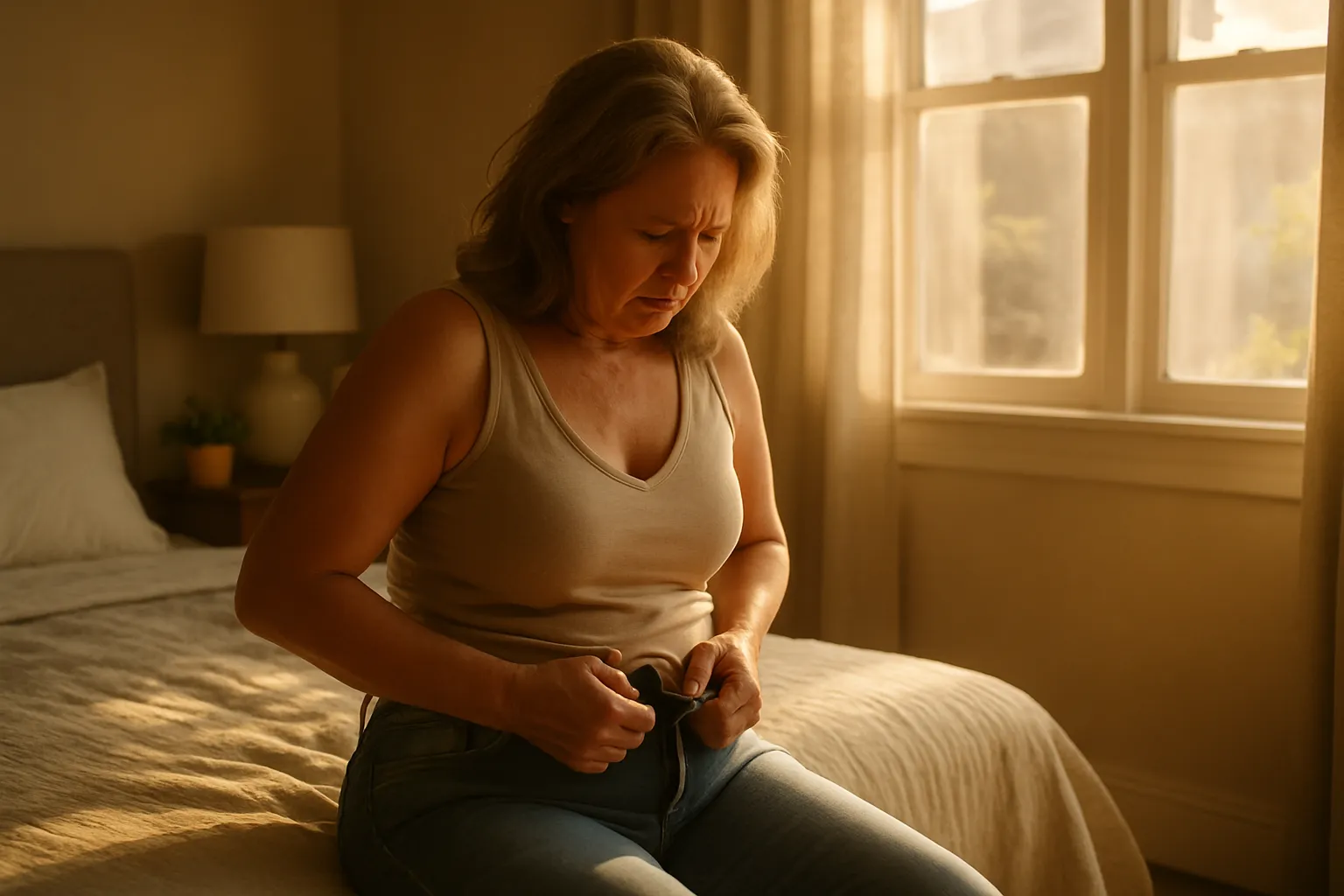 Mulher na menopausa frustrada ao perceber que suas roupas habituais não servem mais devido ao ganho de peso abdominal