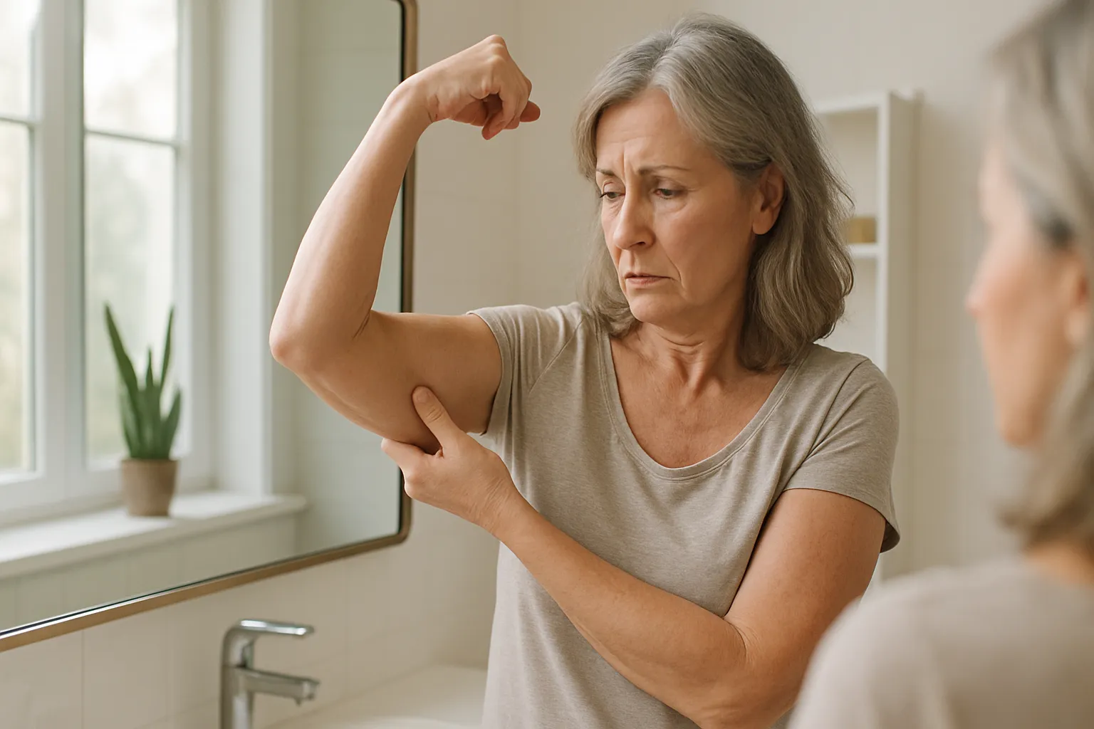 Mulher na menopausa observando perda de massa muscular no espelho durante rotina matinal, representando as mudanças corporais da transição hormonal