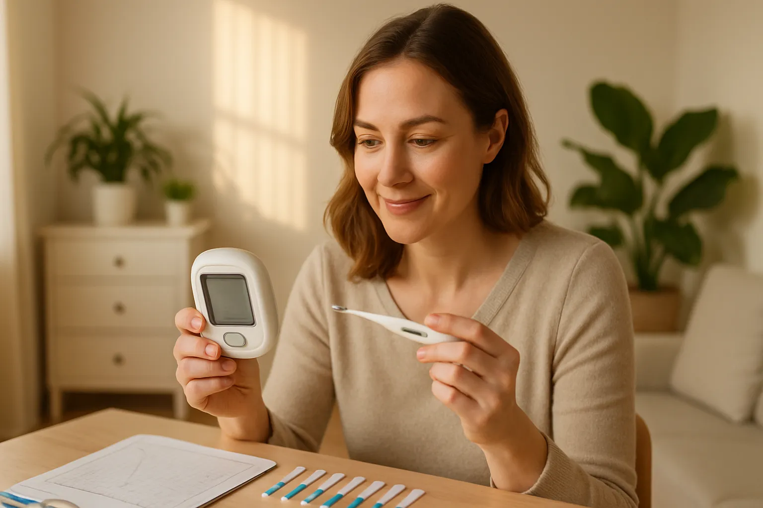 Mulher acompanhando ciclo ovulatório com monitor de fertilidade durante tratamento para hiperplasia adrenal, demonstrando esperança na restauração da fertilidade