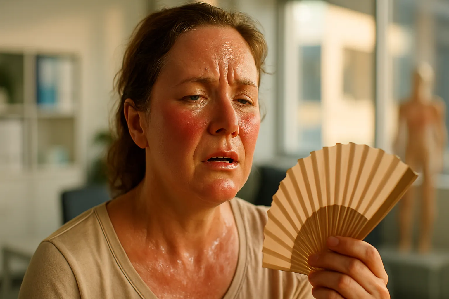 Mulher na perimenopausa experimentando onda de calor com rosto ruborizado e suor visível, demonstrando os sintomas vasomotores característicos
