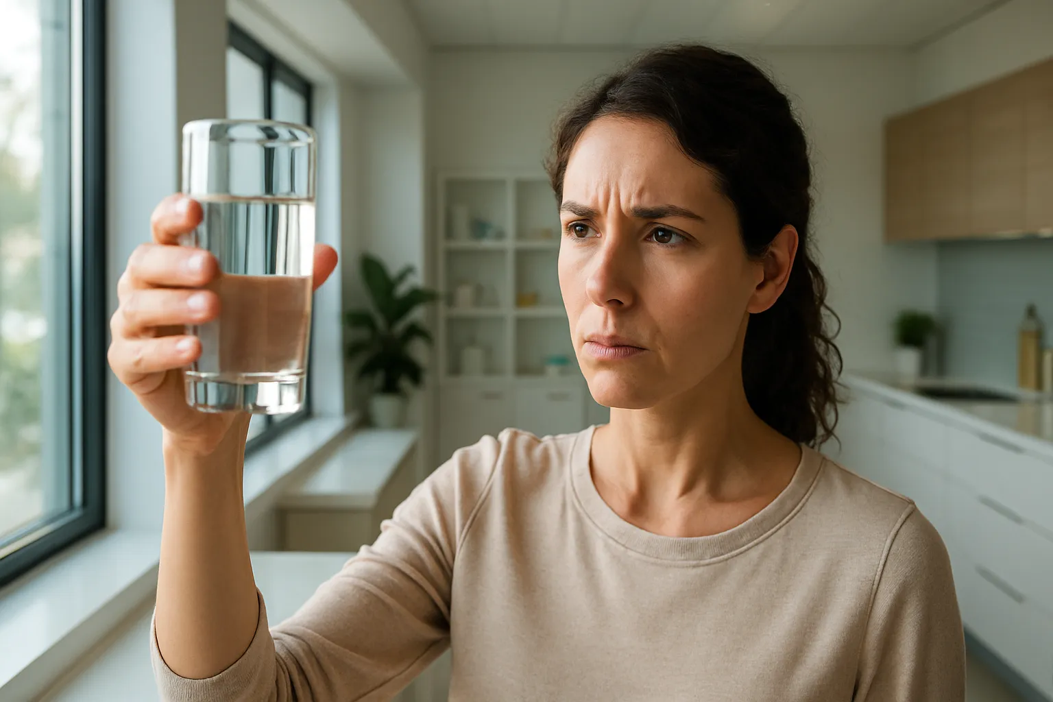 Mulher preocupada examinando copo de água da torneira contra a luz natural, questionando a qualidade e possível contaminação por disruptores endócrinos