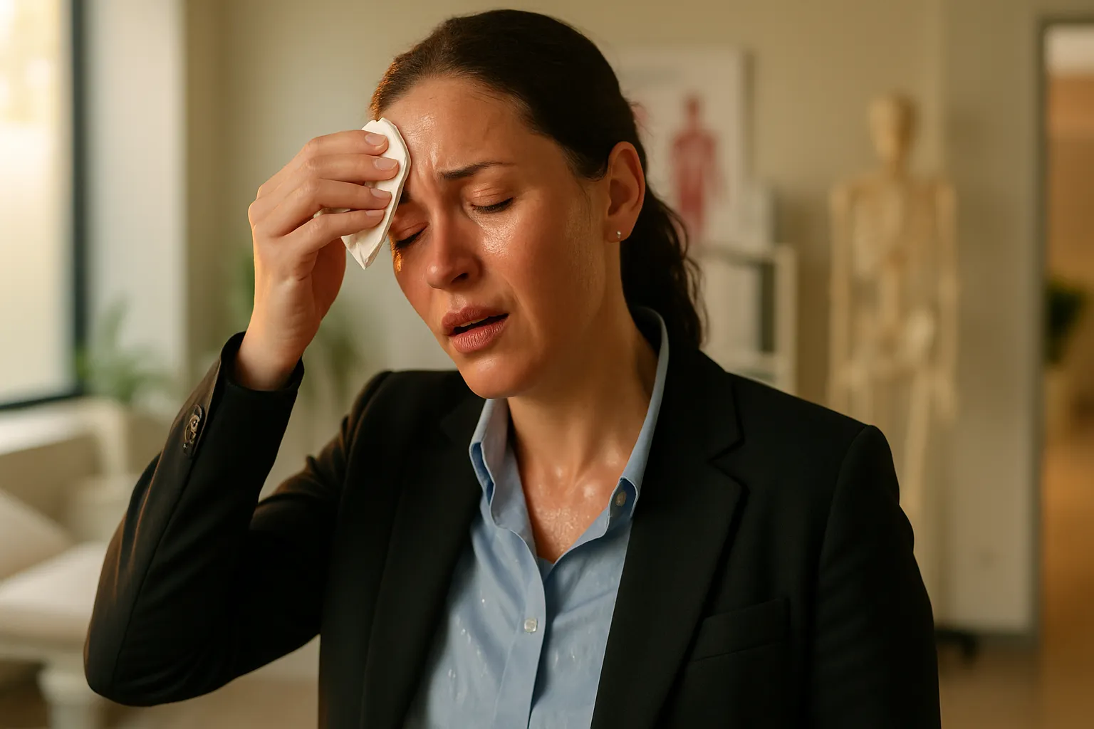 Mulher profissional demonstrando desconforto com suor excessivo em ambiente corporativo, ilustrando os sintomas de hiperidrose