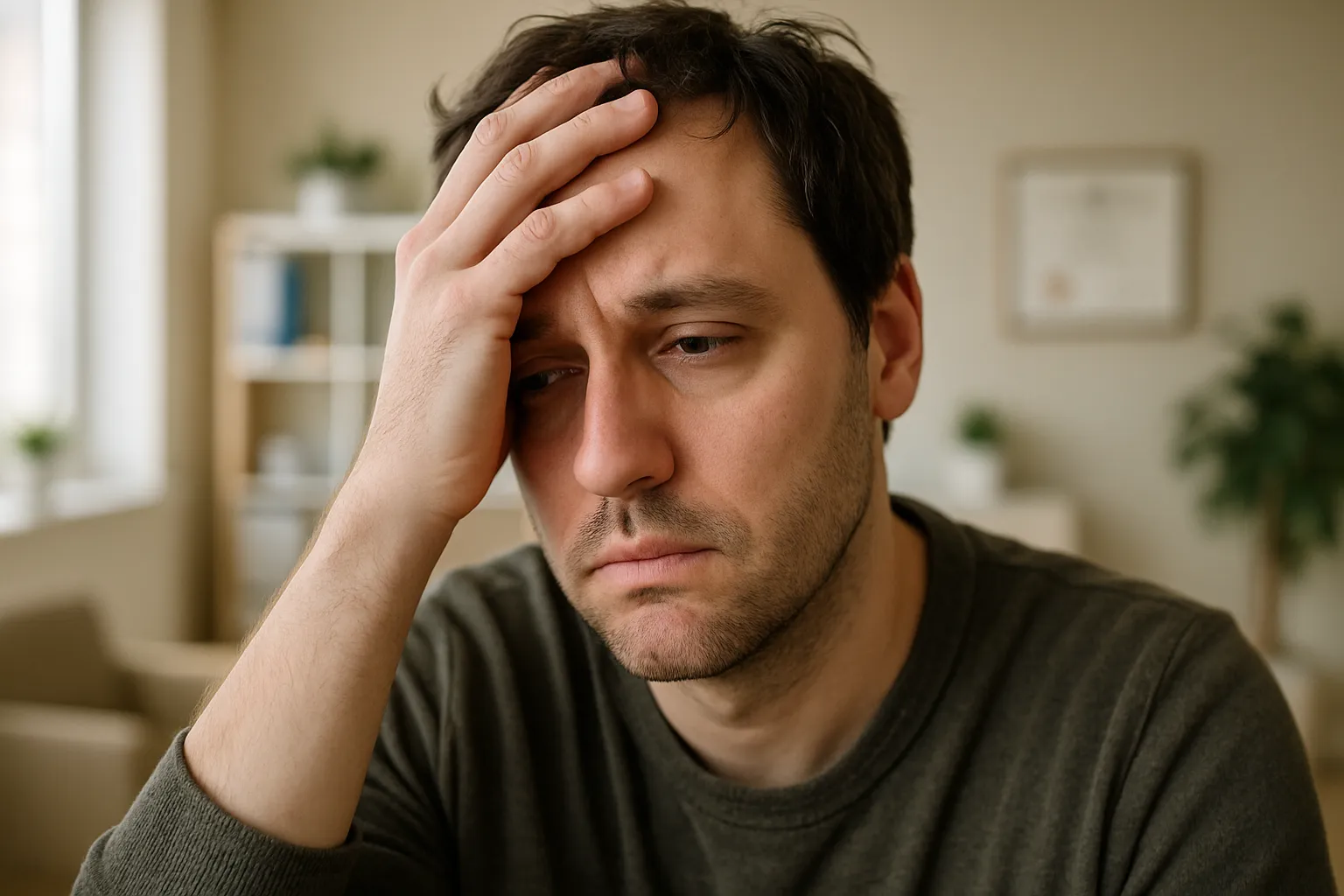 Pessoa demonstrando sintomas de névoa mental e fadiga cognitiva causados por neuroinflamação cerebral