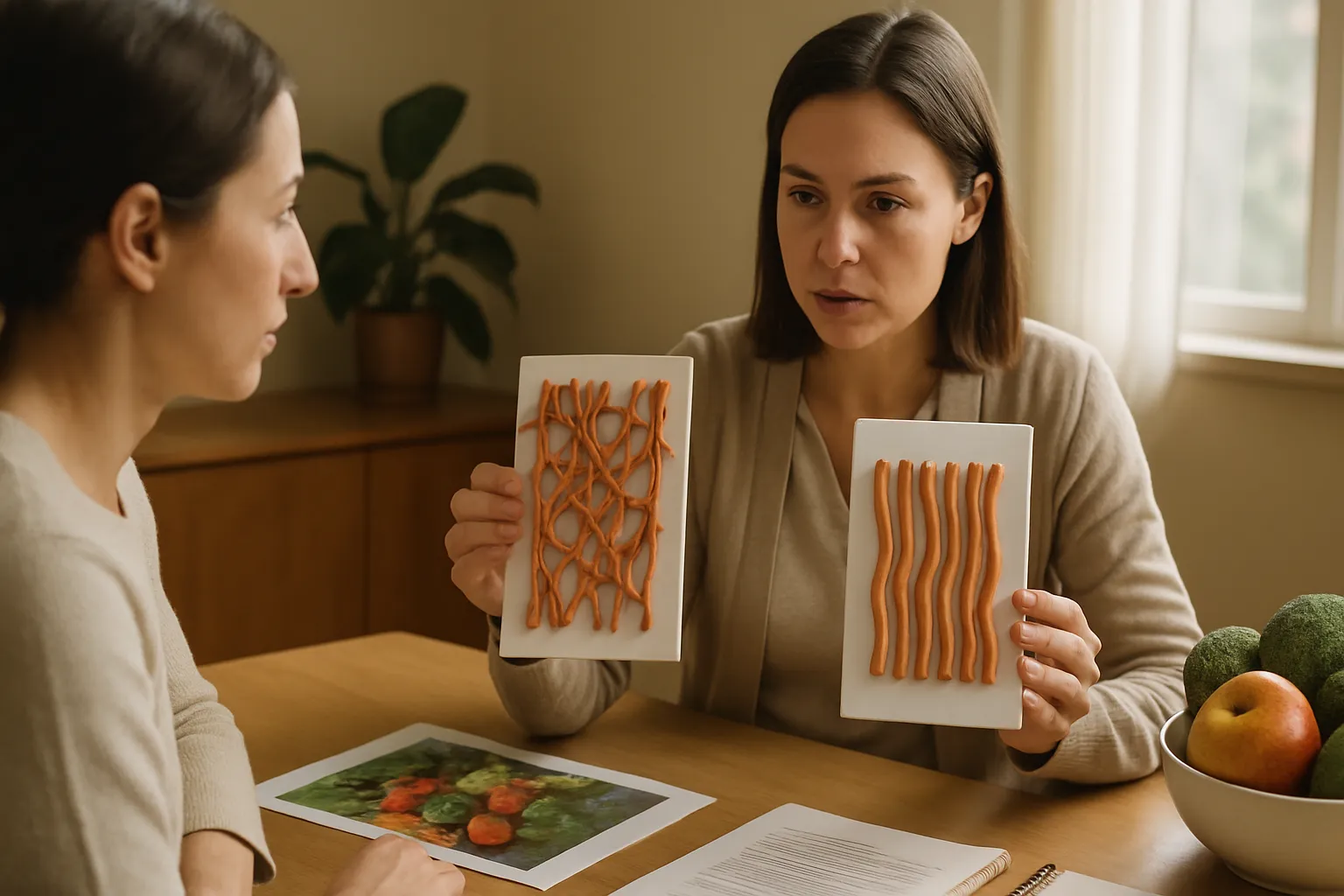 Nutricionista demonstrando comparação de danos da glicação usando modelos visuais de fibras de colágeno, mostrando estruturas proteicas rígidas versus flexíveis enquanto paciente observa atentamente
