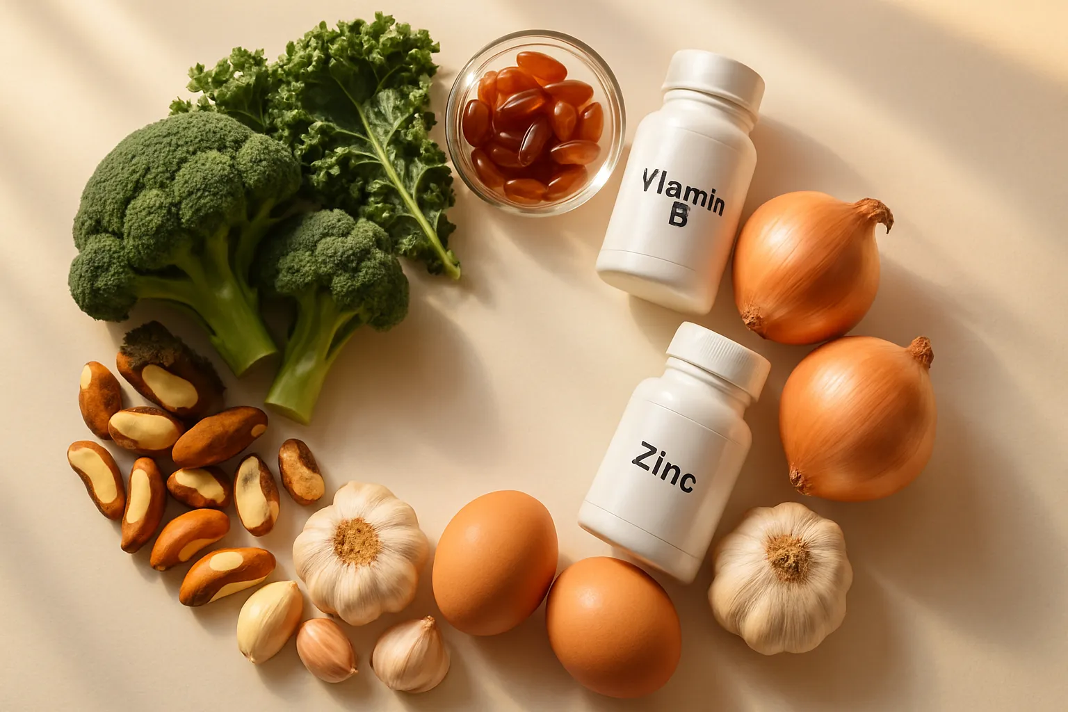 Nutrientes Essenciais para Detoxificação Hepática Composição flat lay de nutrientes essenciais para detoxificação hepática incluindo vegetais crucíferos, castanhas, ovos, suplementos de vitaminas B, magnésio, zinco, alho e cebola sobre superfície branca médica