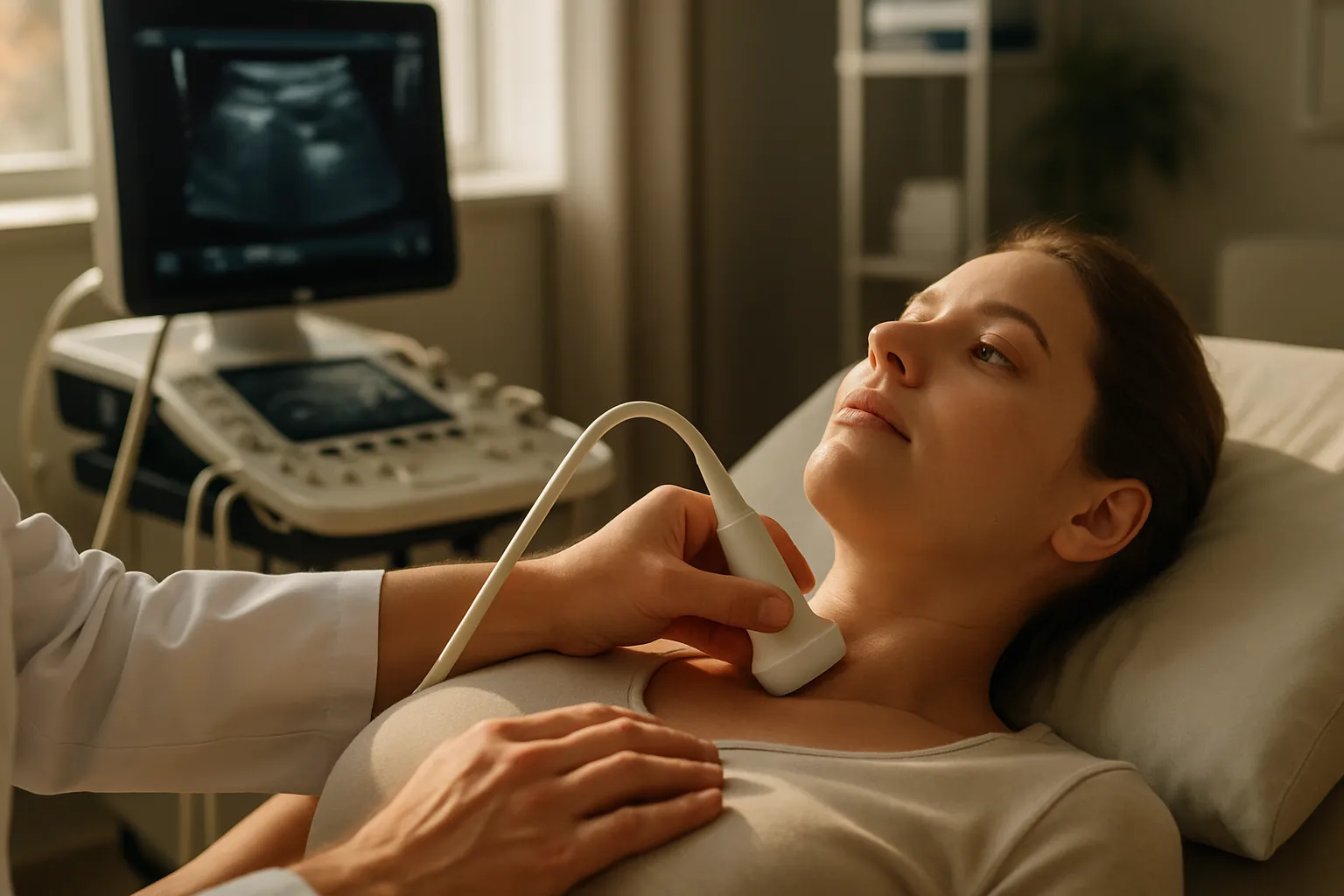 Paciente Realizando Exame de Tireoide Paciente realizando exame de ultrassom de tireoide para investigação de hiperidrose secundária a distúrbios tireoidianos