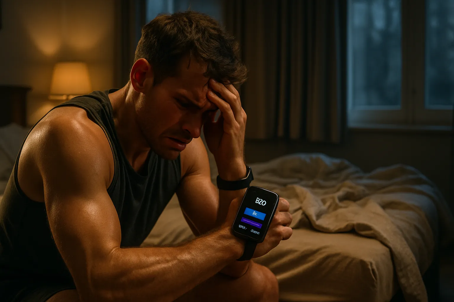 Pessoa atlética acordada de madrugada frustrada olhando relógio inteligente mostrando falta de sono profundo, ilustrando a perda da janela de liberação de GH durante o sono N3