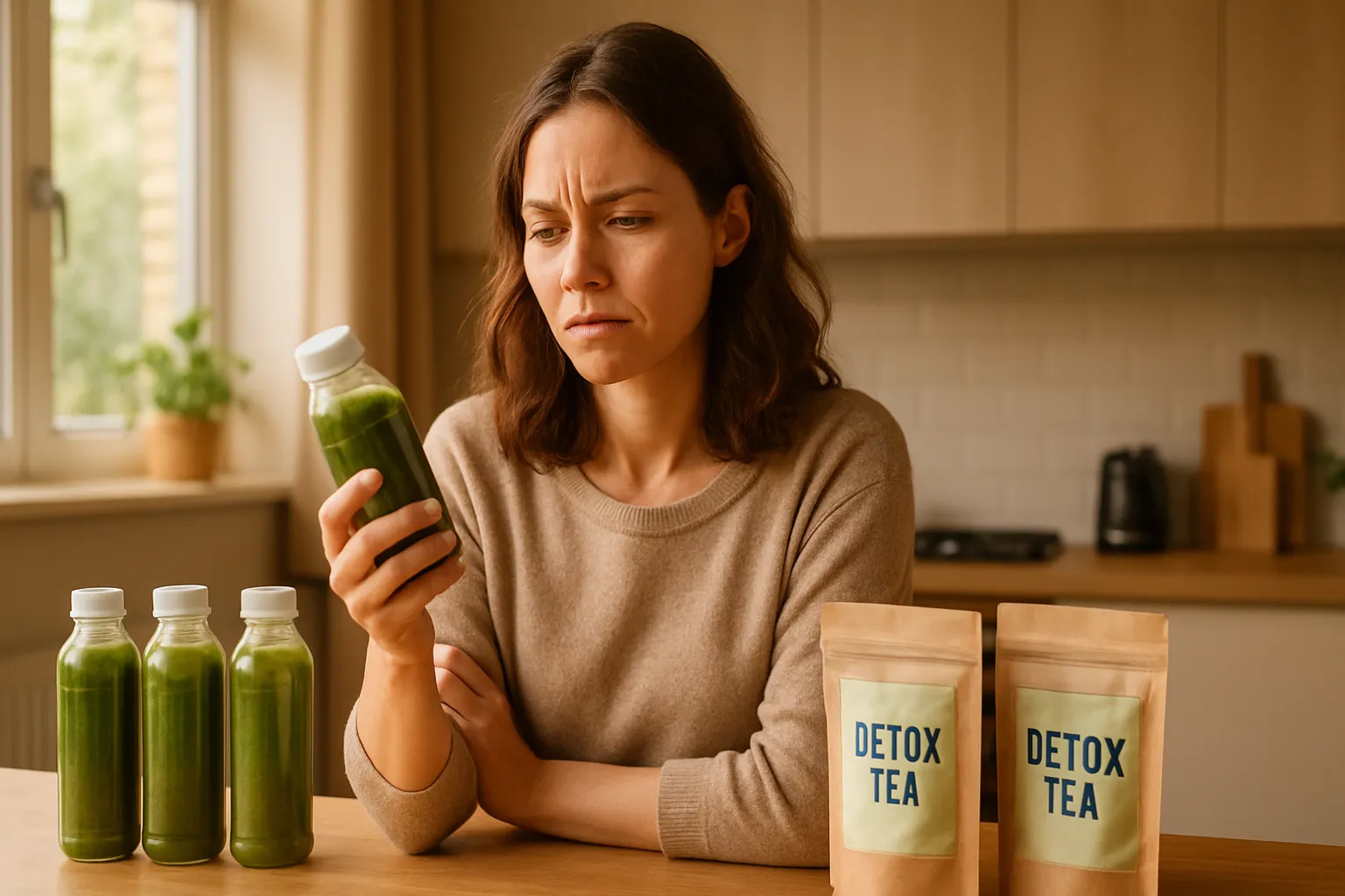 Mulher em cozinha moderna analisando rótulo de produto detox cercada por garrafas de suco verde e chás detox, representando a confusão do consumidor sobre produtos de desintoxicação