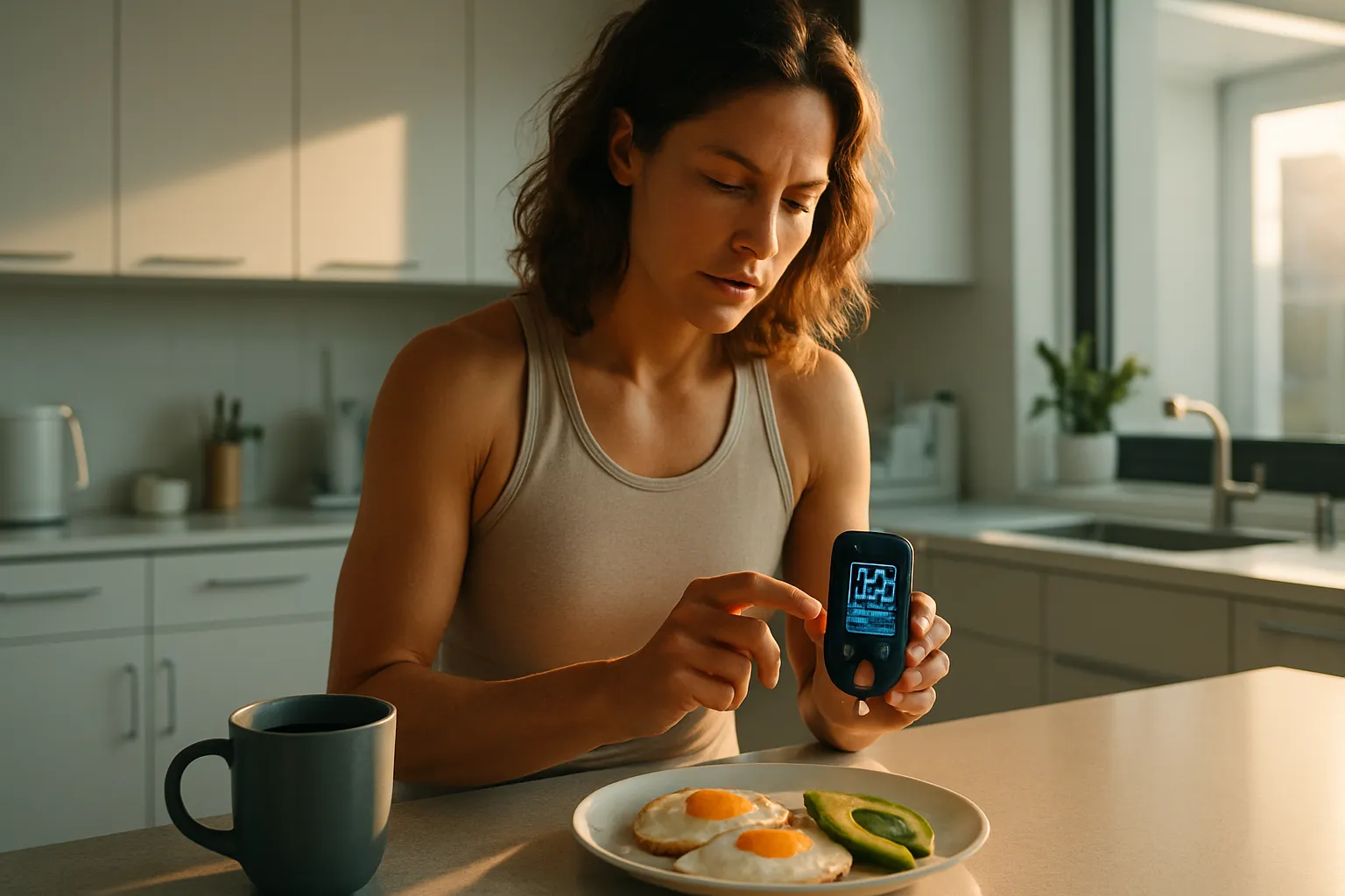 Mulher verificando medidor de cetose durante café da manhã cetogênico com abacate e ovos em cozinha moderna iluminada pela luz dourada matinal