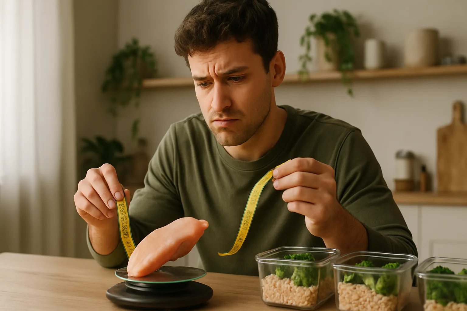 Pessoa confusa medindo porção de proteína na balança de cozinha tentando calcular necessidade diária