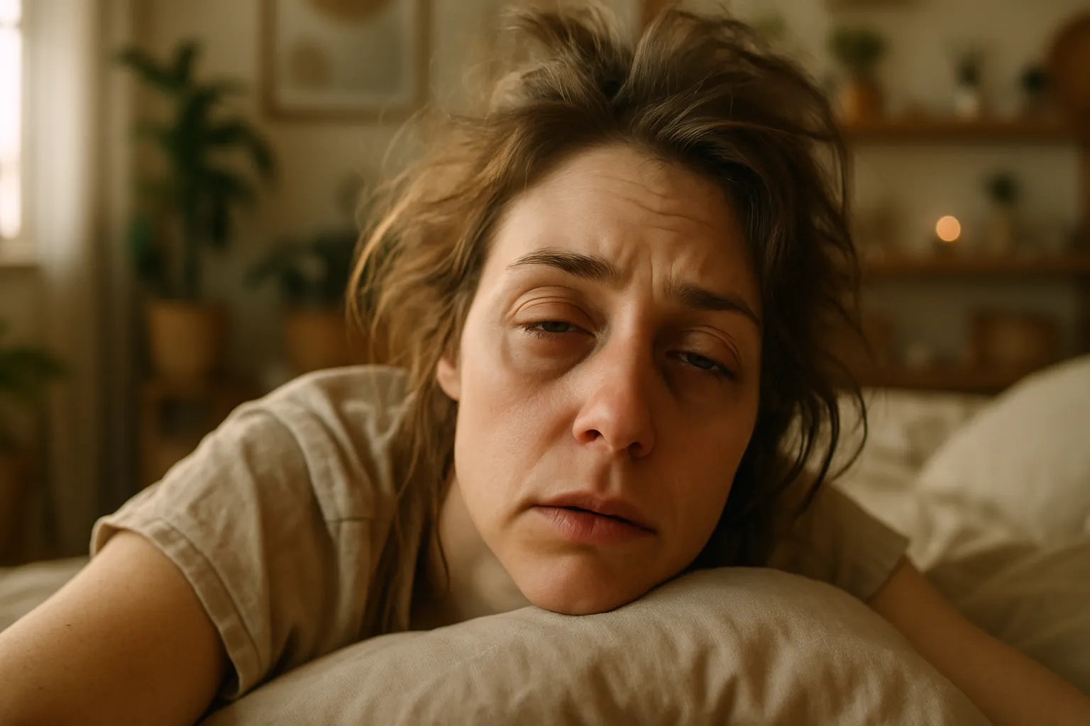 Mulher acordando com expressão de exaustão e fadiga crônica mesmo após dormir 8 horas