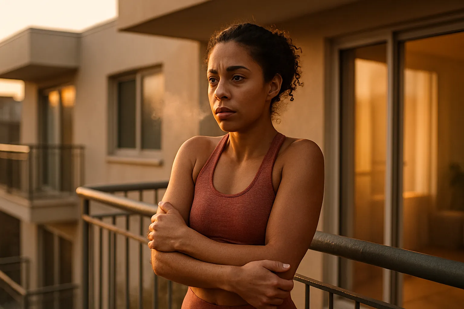 Mulher em varanda durante manhã fria praticando exposição ao frio para ativação do metabolismo e tecido adiposo marrom