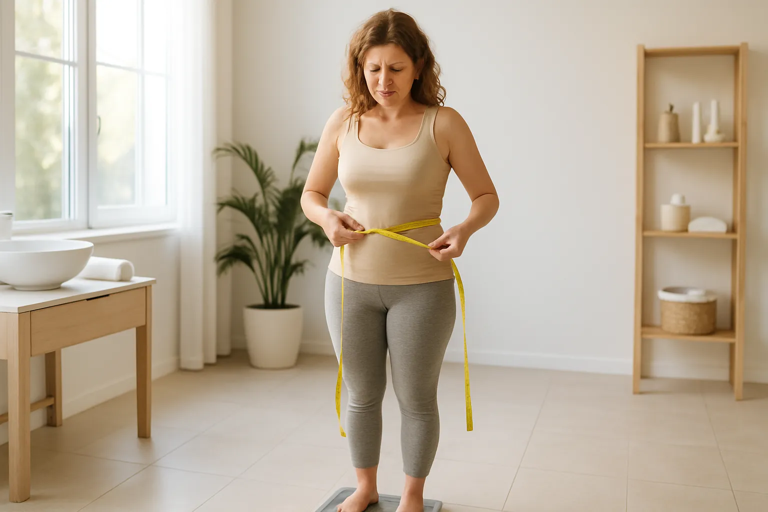 Mulher frustrada em pé na balança segurando fita métrica na cintura, demonstrando dificuldades com metabolismo lento