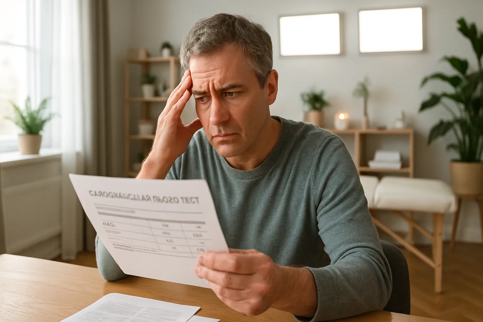 Pessoa preocupada analisando sozinha resultados de exames de colesterol em casa, questionando se os valores de LDL-C contam a história completa sobre risco cardiovascular