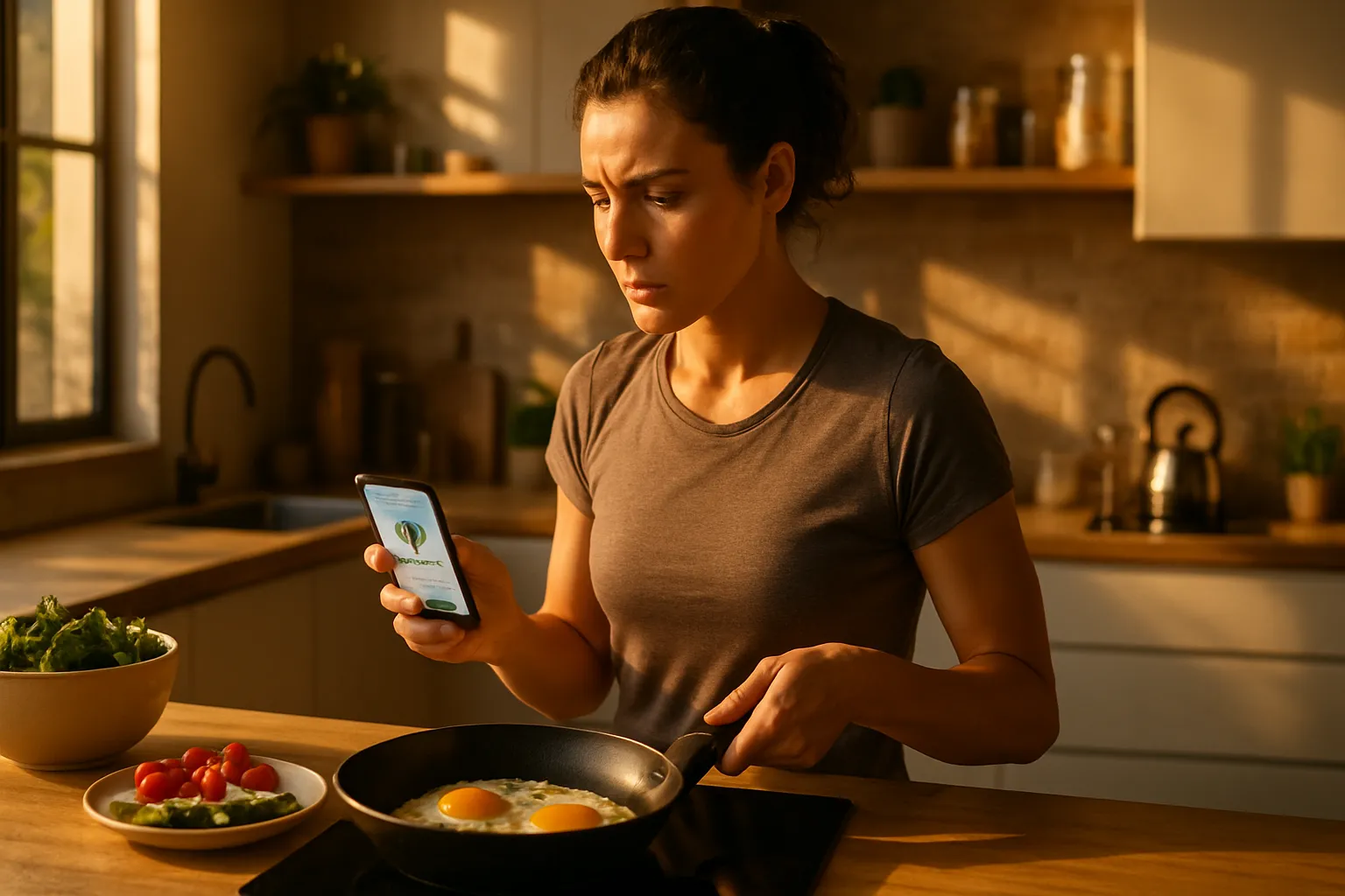 Pessoa preparando café da manhã rico em proteínas enquanto verifica aplicativo de controle de apetite para aumentar GLP-1 naturalmente