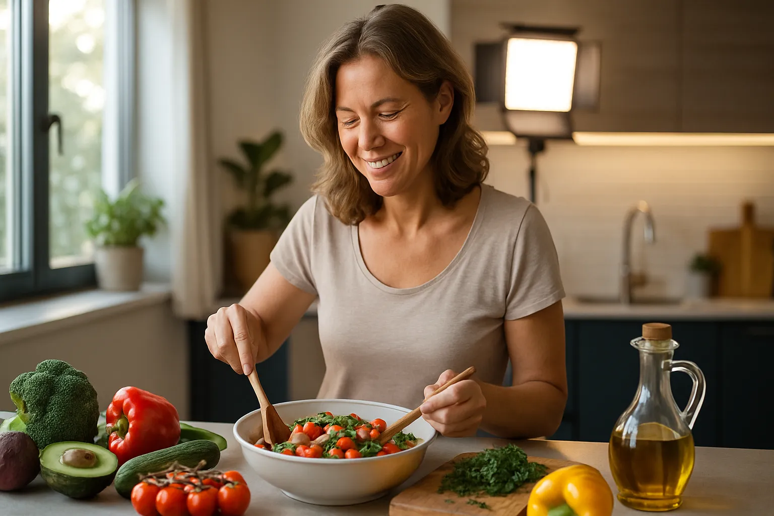 Mulher preparando refeição mediterrânea saudável com vegetais frescos e azeite em cozinha moderna iluminada naturalmente
