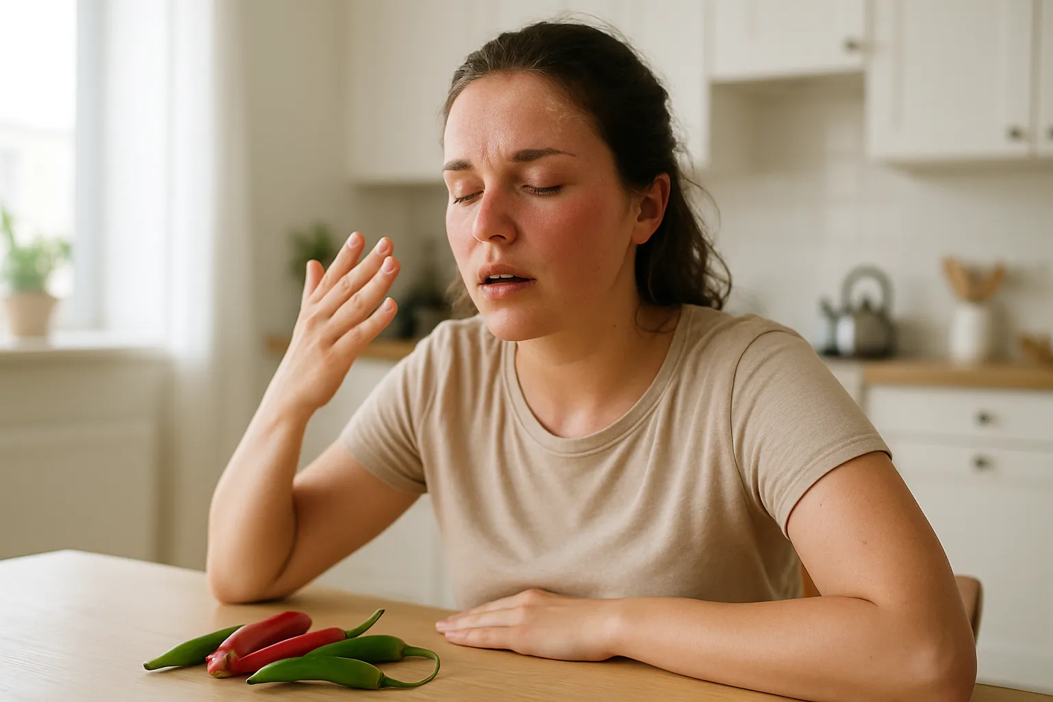 Mulher jovem experienciando os efeitos termogênicos da capsaicina após consumir pimenta, mostrando sinais visíveis de aceleração metabólica como transpiração e rubor facial