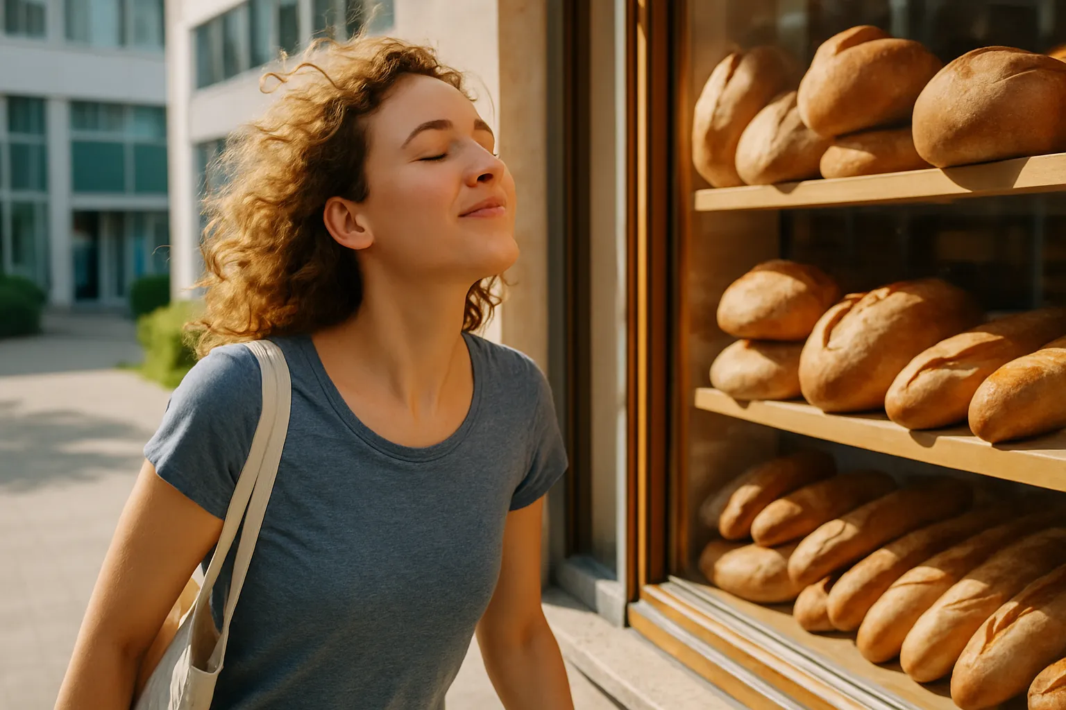 Mulher parando em frente a padaria com expressão de desejo intenso ao sentir o cheiro de pão fresco, ilustrando como aromas disparam fome instantânea