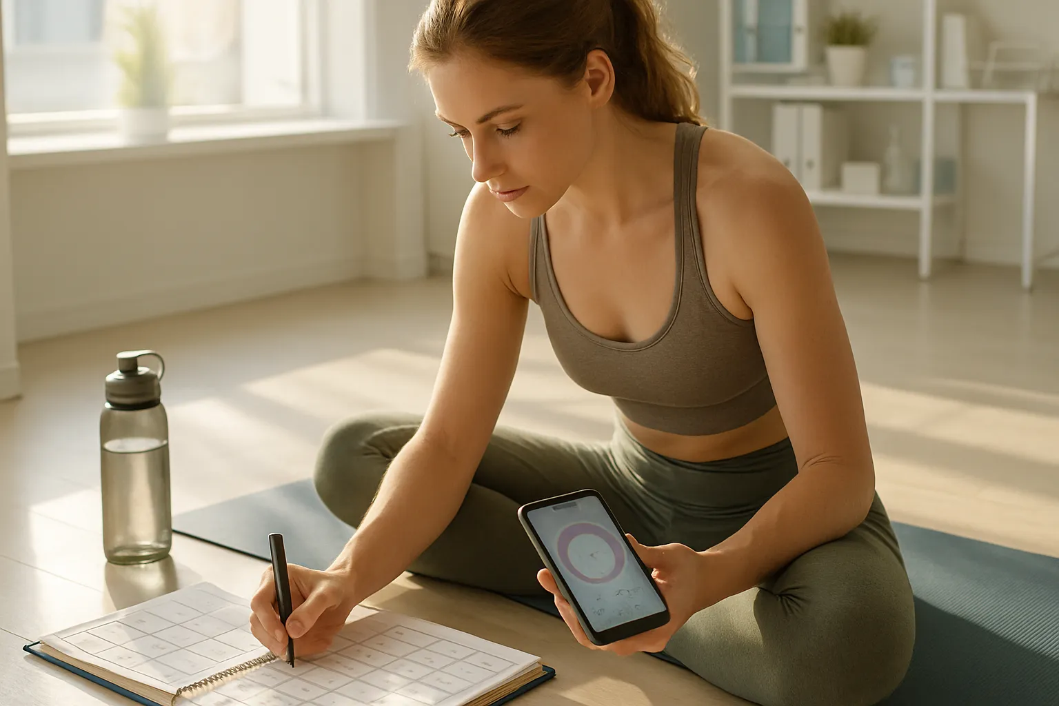 Planejamento de Rotina Baseado no Ciclo Mulher planejando sua rotina de treinos e atividades usando aplicativo de rastreamento de ciclo menstrual