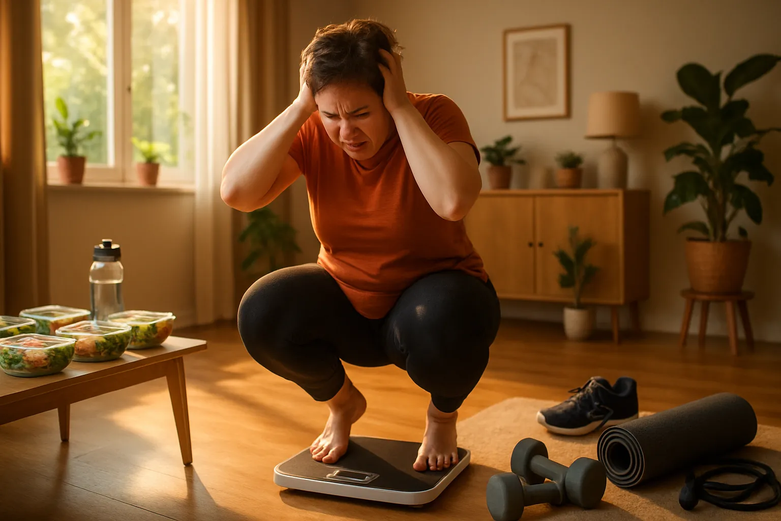 Pessoa frustrada observando balança que não muda de peso apesar de dieta e exercícios, representando o platô de emagrecimento