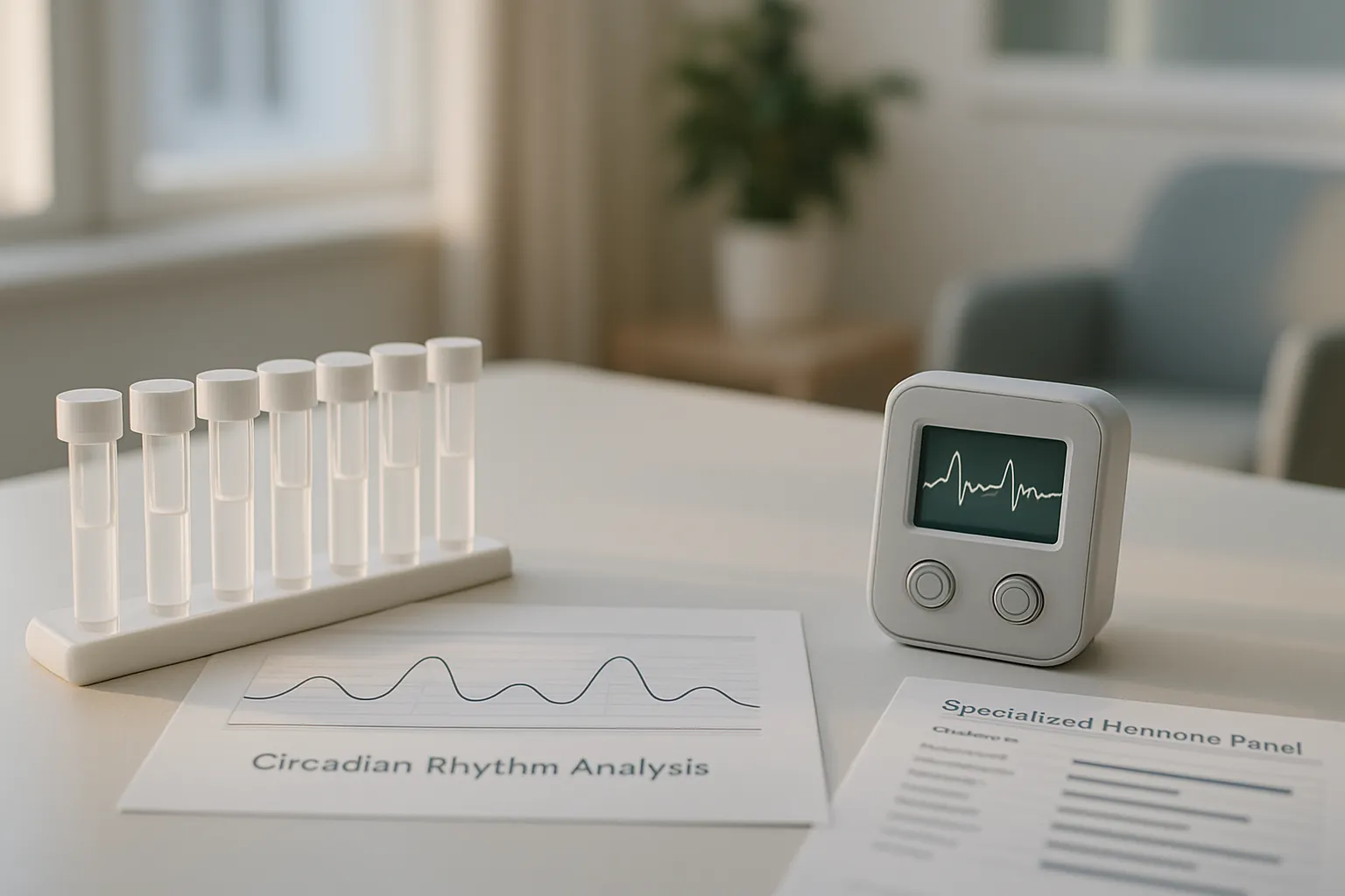 Kit profissional de testes hormonais mostrando tubos de coleta de saliva em sequência temporal, gráfico de análise de ritmo circadiano com padrões de ondas e dispositivo monitor de frequência de pulsos de GnRH sobre mesa de consultório médico moderno